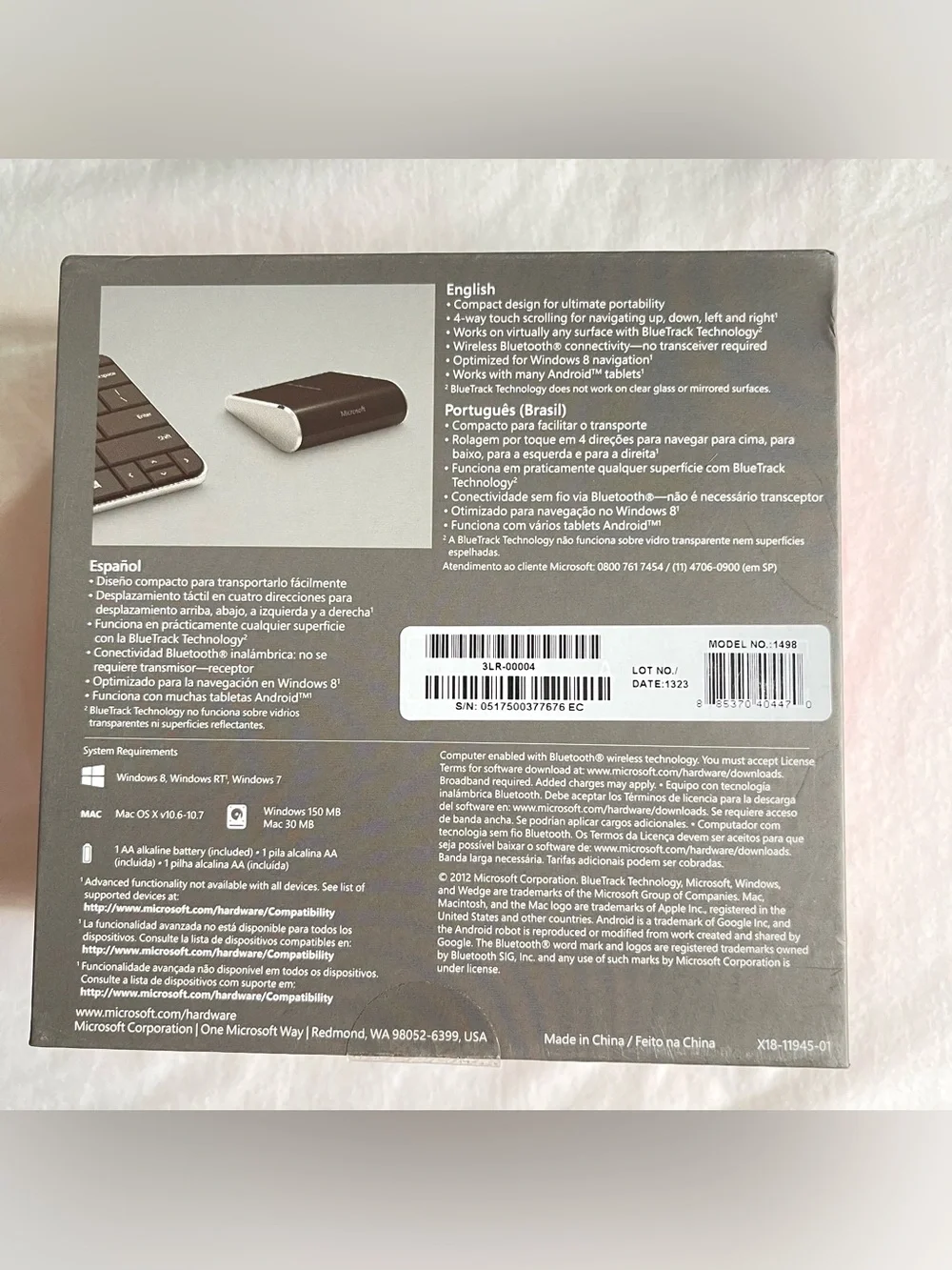 Microsoft Wedge Touch Bluetooth Mouse Model 1498 NEW OPEN BOX - tested